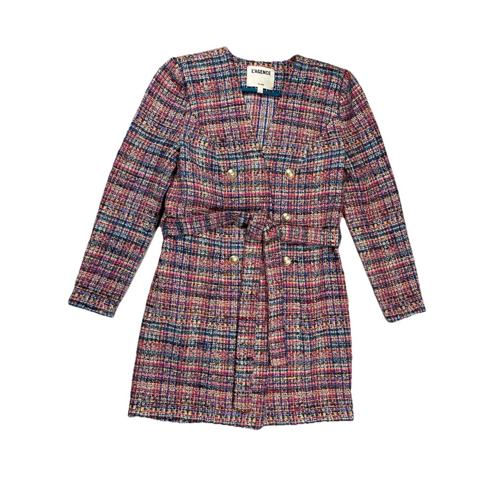 L'Agence Zuri Plaid Tweed Tie-Waist Duster Jacket Sz 2 Pink Multi Designer